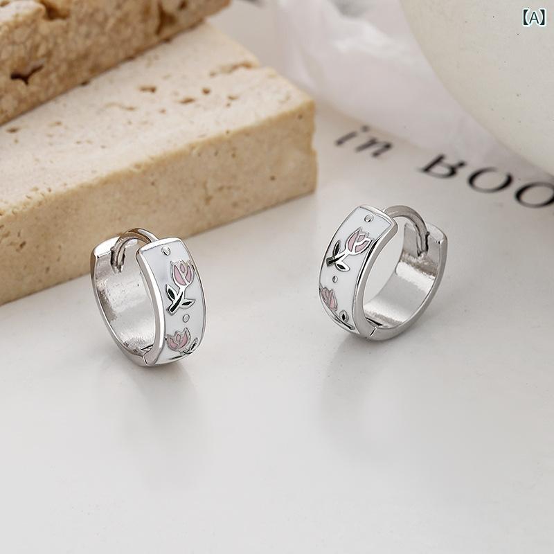 ピアス 女性用 925シルバー チューリップ 花柄 復古 釉彩 クリア フラワー イヤーカフ 個性 気質 アクセサリー 軽量 華奢 デザイン 普段使い シルバーアクセサリー 春夏 花モチーフ イヤーピアス