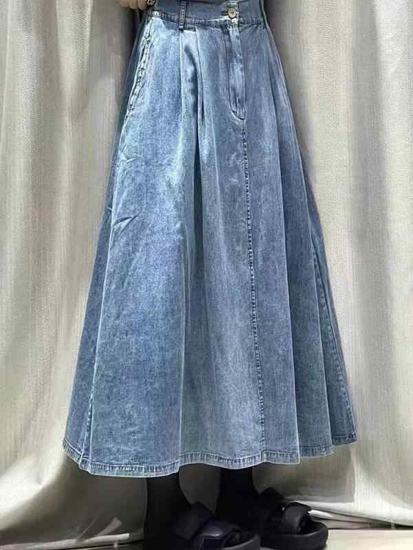 古着 服飾 春夏 女性用 水洗い デニム ミディスカート ハーフ 半松 ハイウエスト 切り替え スリム フレアスカート ロングスカート 気質 綿素材 伸縮性 軽量 通勤用 普段使い カジュアルスタイル ブルー系 アイボリー