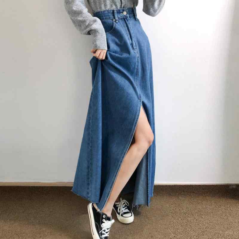 スカート 女性用 春夏 ハイウエスト スリット フレア デニム 半身 毛フェード カジュアル 普段使い 伸縮性 軽量 ミッドナローブルー ブルー系
