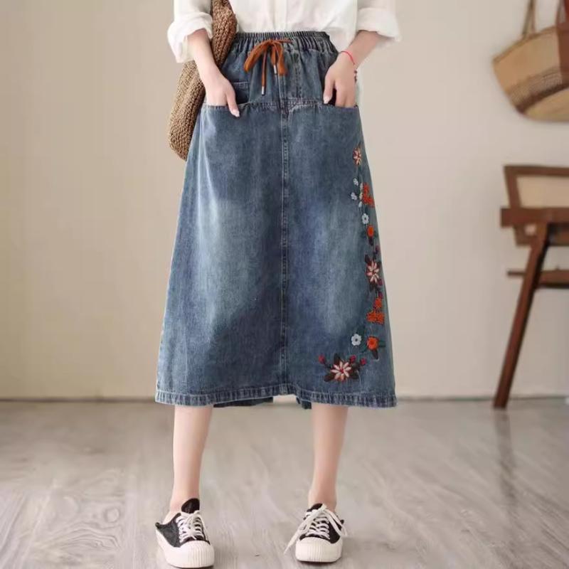 スカート 女性用 春夏 デニム 刺繍 ワイド ロング スカート ゆったり 大きいサイズ 高腰 Aライン 傘型 膝下丈 膝丈 ミモレ丈 切り替え コットン 再生繊維 伸縮性 軽量 吸湿速乾 普段使い 通勤用 かわいい ビッグシルエット スリム効果 カジュア