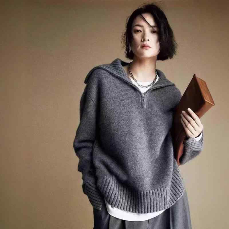 編み物 スウェーター お上さん用 春夏 秋冬 高領 朦々たる 半ファスナー 純毛糸 トップス 打底 優しいこと パステル色の 着こなし 日常使い走り 肌付き 厚地の外套 肌付き 軽さ 伸縮性 綿混 ベージュ系 薄墨色系 黒いこと