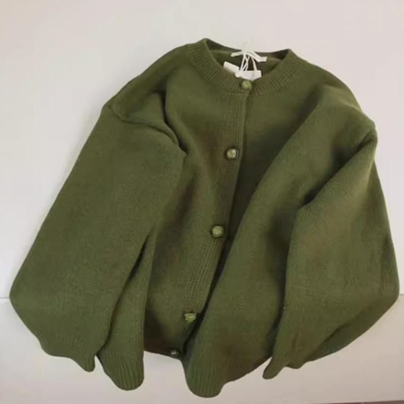 ニット カーディガン 女性用 秋冬 復古 ソフト グリーン ゆったり ルーズ トップス 厚手 ショート セーター 暖かみ コットン混 ゆったりシルエット 普段使い 柔らかい手触り グリーン系 カジュアル