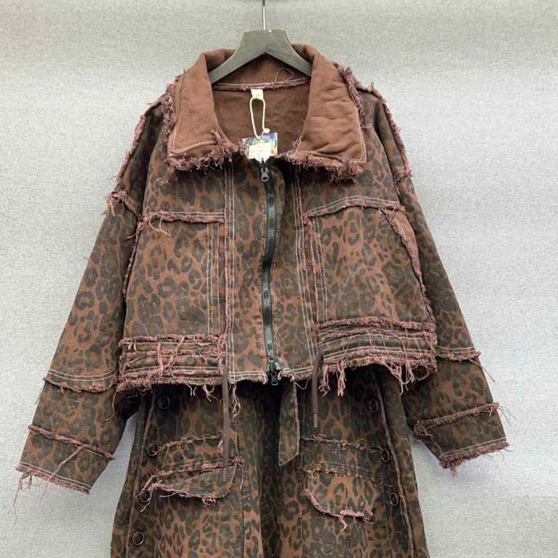 ジャケット 女性用 秋冬 牛仔 切り替え ヒョウ柄 復古 ファッション ワイドシルエット 気質 修身 ロング丈 軽量 伸縮性 通勤用 普段使い アウトドア デニム素材 ブラック ピンク系 アイボリー