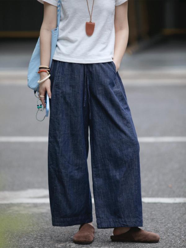 デニムパンツ 女性用 春夏 ワイドレッグ ゆったり スリムライン ストレート ルーズフィット コットン ストレッチ ロープドローストリング ヴィンテージ スタイル 4,700円