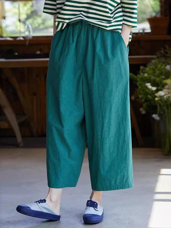 ワイドパンツ 女性用 緑 九分丈 ルーズフィット コットン ハイウエスト ゆったり 大きいサイズ 伸縮性 軽量 普段使い カジュアル 春夏 切り替え スリム効果 再生繊維 吸湿速乾 通勤 アウトドア