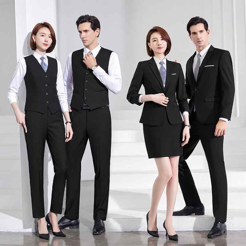 西装セット メンズ レディース 秋冬 ビジネス 職業服 通勤用 ホテル フロント プロパティー ウール混 フォーマル セットアップ ダークカラー ストレッチ 軽量 スーツ ジャケット トラウザー シャツ