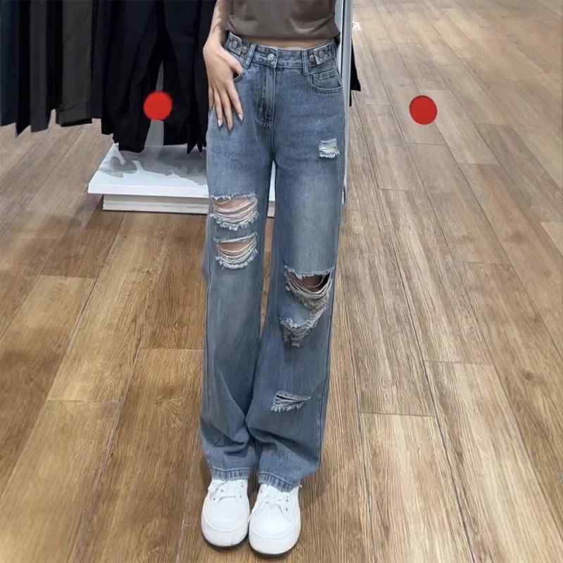 デニムパンツ 女性用 春夏 大きいサイズ 高腰 穴あき 薄手 ストレート ワイドレッグ ハイウエスト コットン ストレッチ 軽量 吸湿速乾 通勤 普段使い カジュアル