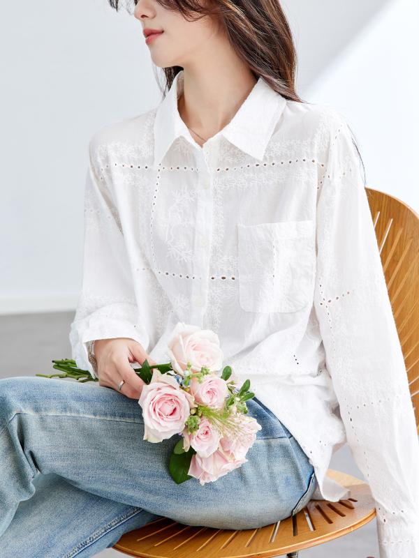 レディース 長袖 ブラウス 春夏 刺繍 レース トップス 気品 女性用 純棉 シャツ コットン 軽量 通勤 普段使い 柔らかい 肌触り ハイネック ホワイト ピンク系 アイボリー