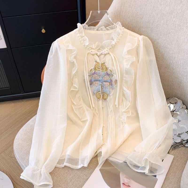 チャイナ刺繍 雪? シャツ レディース 夏 ゆったり 長袖 荷叶? 泡泡袖 トップス 切り替え デザイン 軽量 通気性 綿混 ブラウス シフォン素材 ゆったりシルエット フレア袖 フェミニン スタイル 涼しい 接触冷感