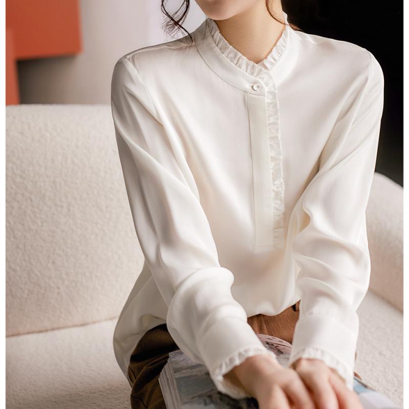 ブラウス 女性用 春夏 真? 白色 トップス シルク 桑蚕? 高級感 気質 折り目 シャツ 軽量 柔らかい 生地 通勤用 普段使い 清楚 デザイン 女性服 上着