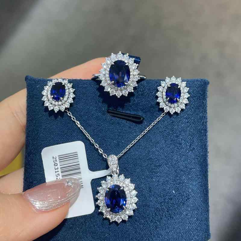 ジュエリーセット 女性用 ダイアナ妃 ブルー ロイヤルブルー サファイア セット S925シルバー ゴールドメッキ 指輪 ピアス ネックレス 軽量 軽奢 高級感 ファッションアクセサリー 日常使い ギフト対応