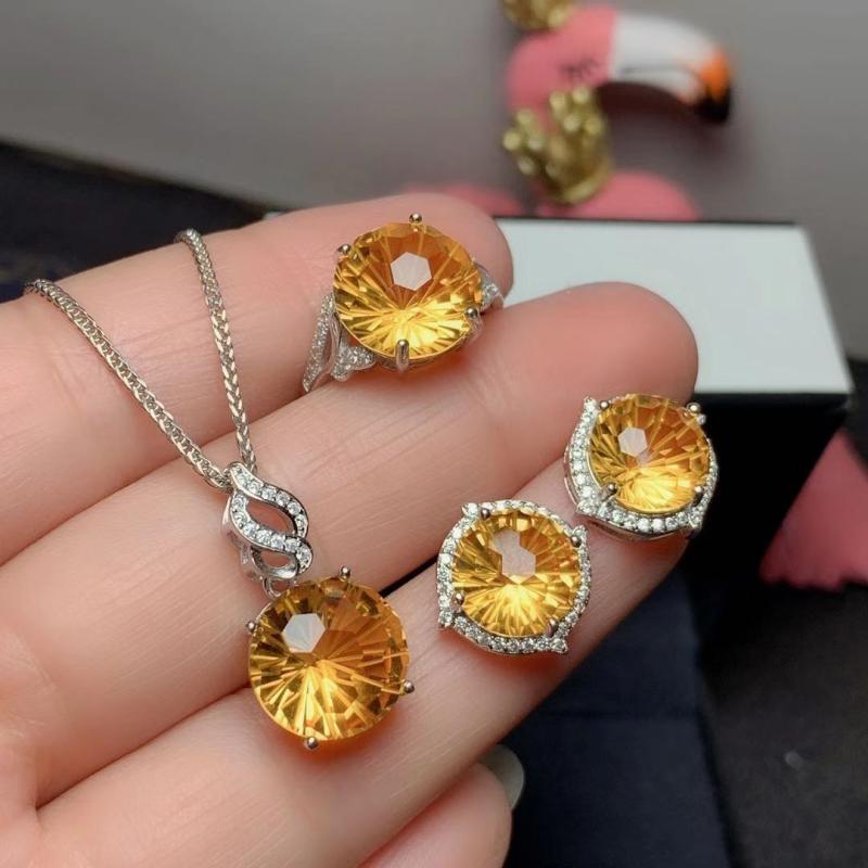 指輪 ネックレス セット 女性用 925シルバー スモーキークォーツ イエロー カラフル 宝石 オープンリング ファッション ペンダント チェーン 普段使い 華やか 軽量 ジュエリー アクセサリー ゴールド系