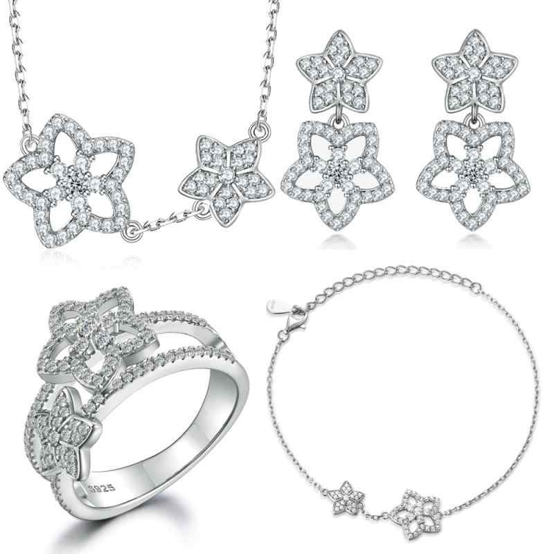 アクセサリー セット 女性用 純銀 星形 デザイン 4点組 指輪 ネックレス ブレスレット イヤリング S925 シルバー シンプル かわいい ギフト ジュエリー 星モチーフ 輝き 日常使い 軽量