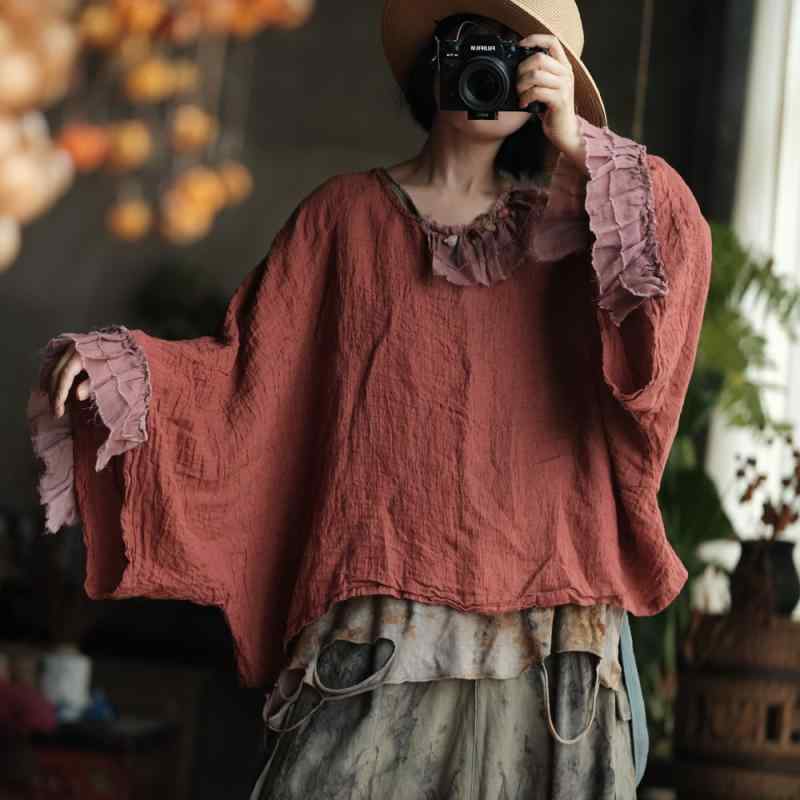 レディース トップス シャツ Tシャツ 麻素材 再生繊維 混紡 ゆったりシルエット 切り替えデザイン 復古 ボヘミアン ルーズフィット 半袖 ボートネック 春夏 秋 通勤用 普段使い 軽量 通気性 吸湿性 ベージュ系 ピンク系 グレー系 ブラック