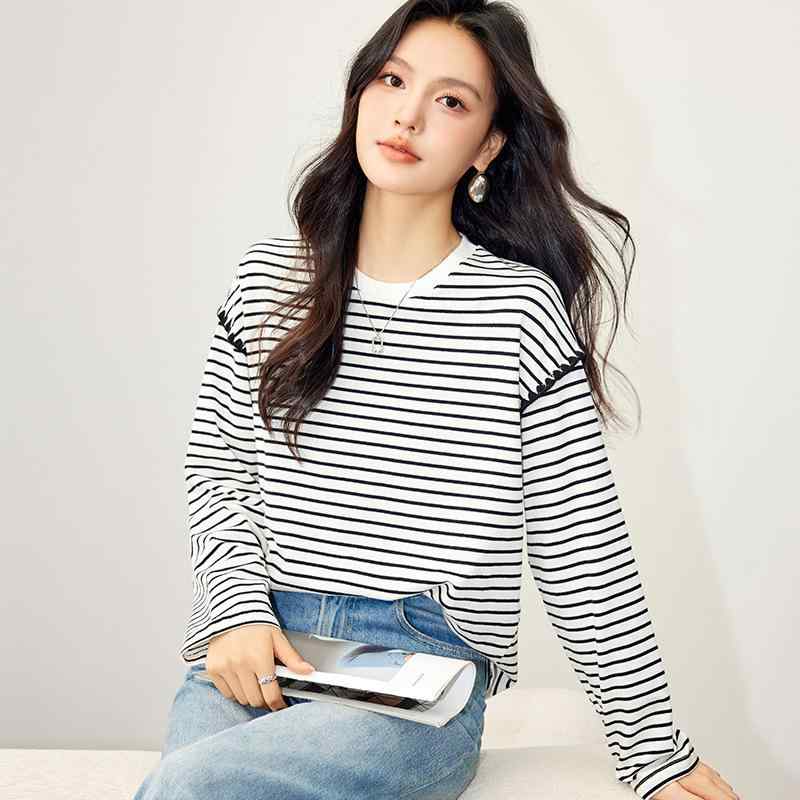 トップス 女性用 長袖Tシャツ 秋 綿 切り替え ストライプ 刺繍 デザイン ゆったり 丸首 上着 軽量 吸湿速乾 秋冬 ブラック グレー ベージュ 通勤 普段使い