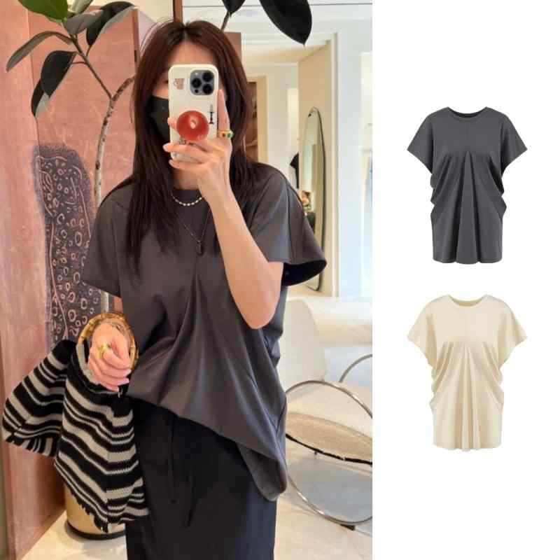 Tシャツ 女性用 春夏 ゆったりシルエット 垂れ長 プリーツ加工 短袖 トップス VKC シンプル ラウンドネック カジュアル シャツ ゆったりフィット コットン混 吸湿速乾 軽量 ブラック グレー ピンク系 通勤 普段使い