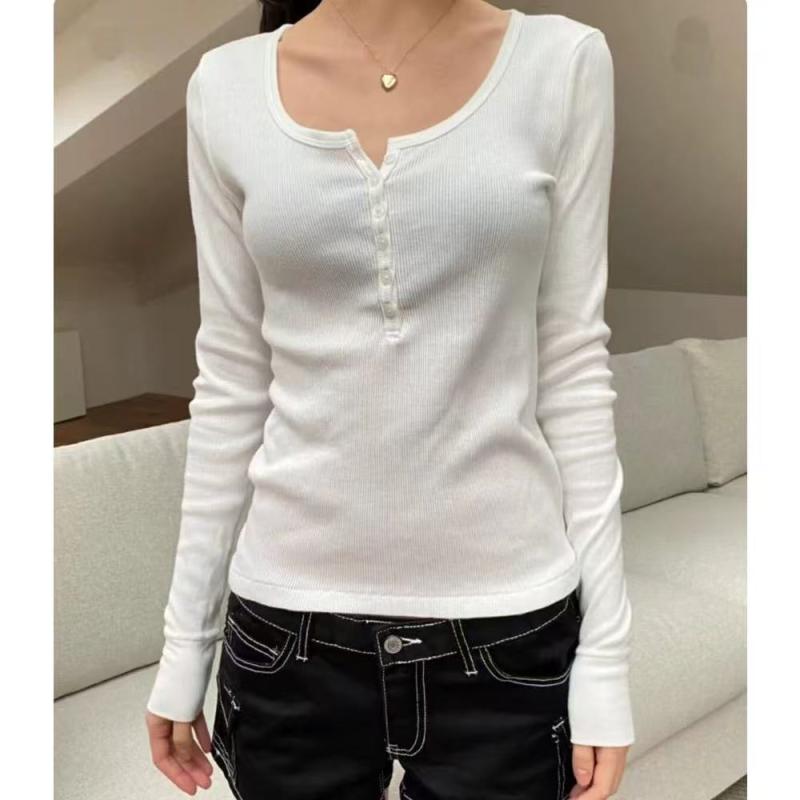 ロングスリーブ Tシャツ レディース 白 6粒ボタン 螺紋 修身 インナー トップス 百搭 スリムフィット カジュアル 普段使い コットン 接触冷感 伸縮性 Vネック 軽量 秋冬