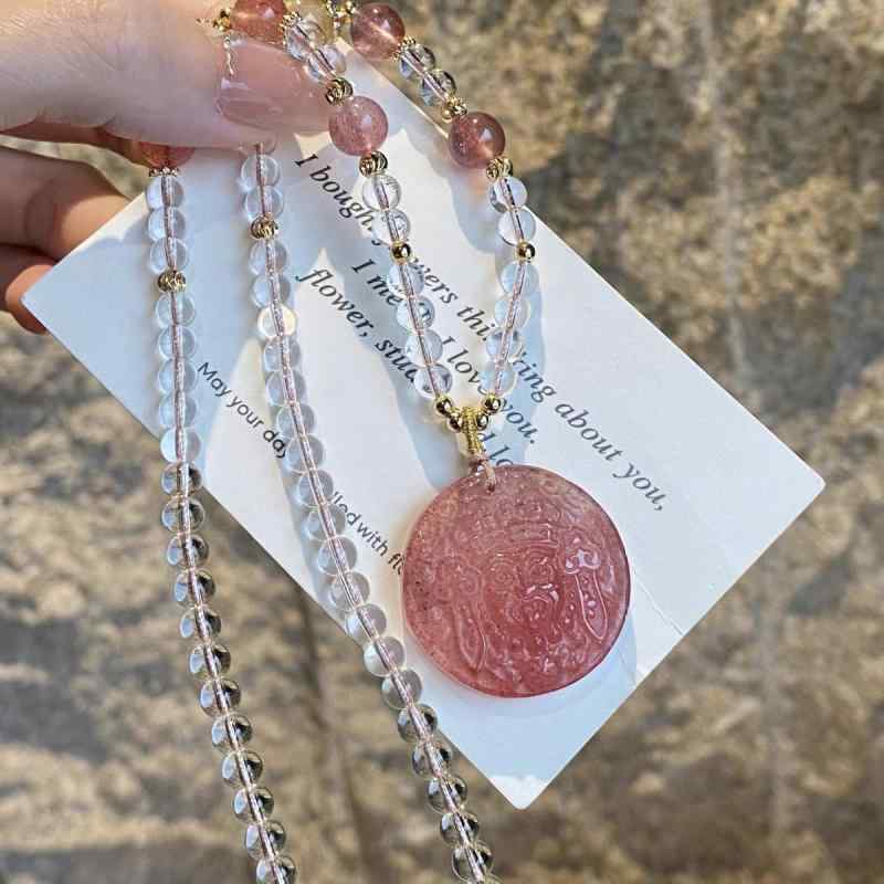 ネックレス 女性用 草莓晶 ジルコニア ラウンド ペンダント チェーン かわいい ピンク系 アクセサリー 普段使い 軽量 ファッション ジュエリー キラキラ デザイン トップス 合わせ ラッキーアイテム シンプル 華やか