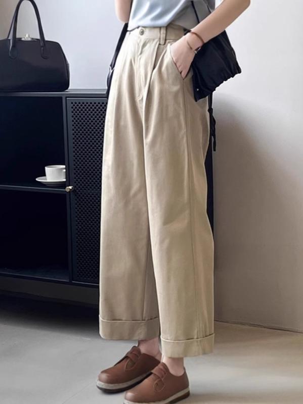 レディース ワイドパンツ ハイウエスト クロップドパンツ テイシアン コットン 混紡 韓国 ゆったり ストレート レッグ スリム 効果 ロールアップ ヘム 春夏 軽量 吸湿速乾 通勤 普段使い カジュアル スタイル ブラック グレー ベージュ アイボリ