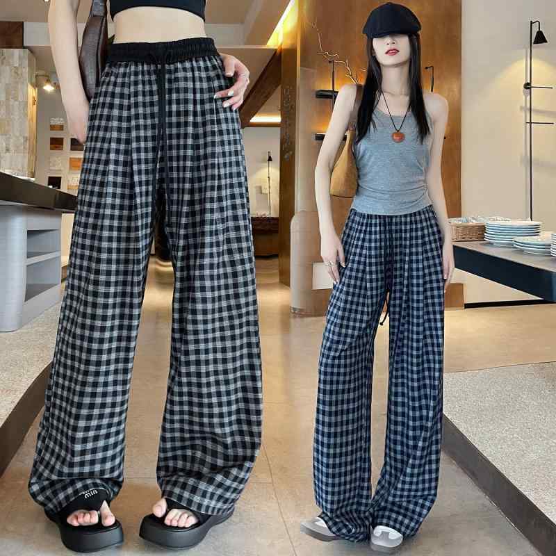 レディース ワイドパンツ 春夏 ブルー チェック柄 ストレート ロング ゆったり 落ち感 コットン混 綿素材 膝下丈 低身長対応 150cm コーデ ストリート ヴィンテージ スタイル カジュアル デイリー 軽量 通勤 普段使い 伸縮性 吸湿速乾