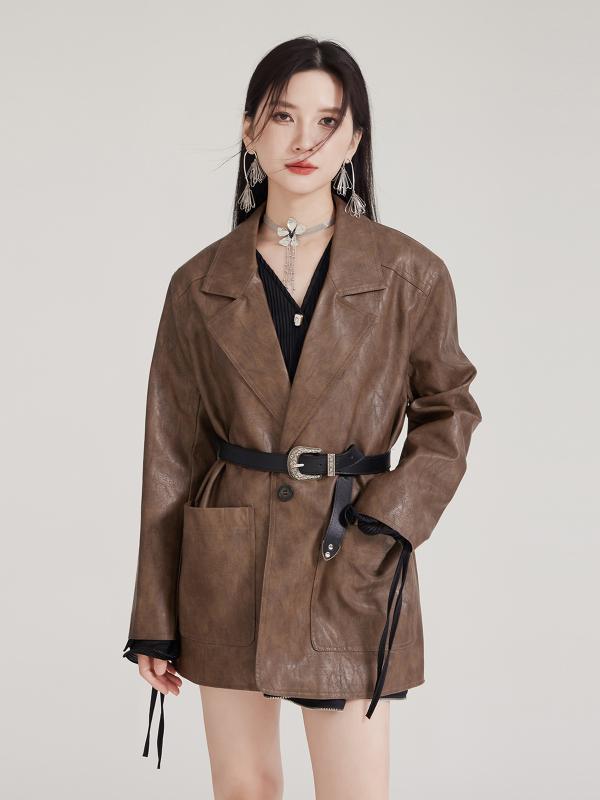 厚地の外套 成人女性用 秋冬 秋 冬期 ミラノ PUなめし革 革 原材料 上衣 アウター トップス 返り咲き レトロ 表現スタイル アメリカン 心地好い 厚地の外套 上衣 仕掛ける 小っちゃい 大きさ 相応う 飛び切り感 軽さ 伸縮性 黒いこと 赤銅色 象牙色 カ