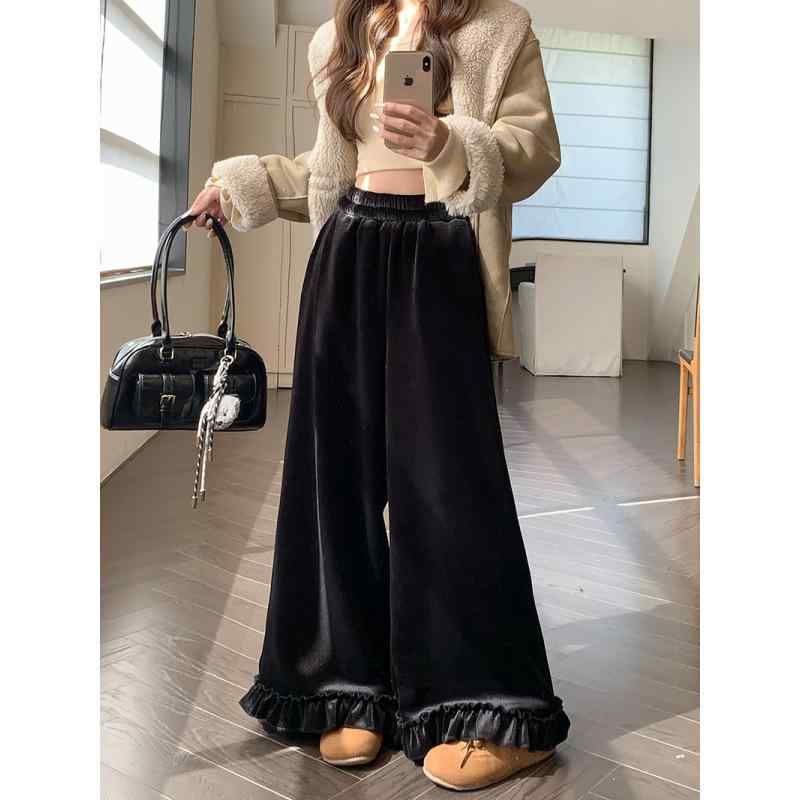 レディース パンツ 秋冬 黒 花柄 ベルベット ハイウエスト ワイドレッグ ロング 暖か 厚手 ゆったり シルエット カジュアル ストレッチ 素材 室内 外出 普段使い 快適 履き心地 脚長 効果 膝下 丈 ゆったり フィット 柔らかい 肌触り 耐久性