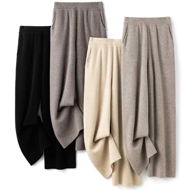 パンツ レディース 秋冬 ウール 高腰 垂感 ゆったり ワイドレッグ 純色 ニット ロング スカートパンツ ストレッチ 暖か 通勤 普段使い 膝下丈 ブラック グレー ベージュ 柔らか素材 軽量 防寒 脚長効果