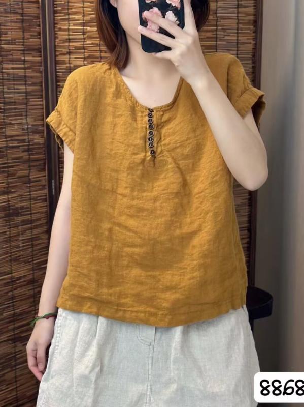 リネン トップス レディース 夏 春夏 短袖 プルオーバー ゆったり ルーズフィット ビッグ影ぼうし 着痩せ 抗菌 吸湿速乾 通気性 軽さ 綿麻 混紡 第一義的 心地好い 普段使い走り 御部屋着 分かりやすい ひな型 V素っ首 労働者の一団素っ首 黒いこと 白いこと
