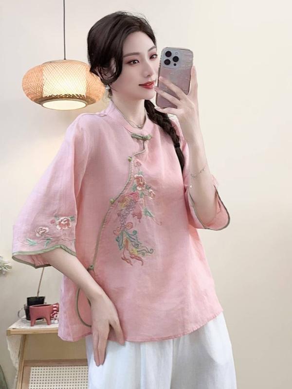 小衫 成人女性用 ?麻 刺しゅう 立領 盤名取り草 ゆったり トップス 百搭 広々とした 大きさ 大きめ ゆったり 麻原材料 軽さ 通気性 夏 春夏 刺しゅうひな型 名取り草付き添い人 ルーズフィット 心地好い 日常使い走り トップス トップ プルオーバー ゆったり影ぼうし 冷やりとした