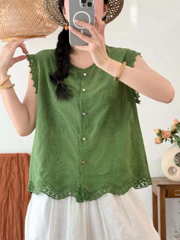 レディース シャツ トップス 刺繍 レース 花辺 丸首 ブラウス スリム 透け フレンチ かわいい 接触冷感 軽量 吸湿速乾 コットン混 春夏 女性用 通勤 普段使い