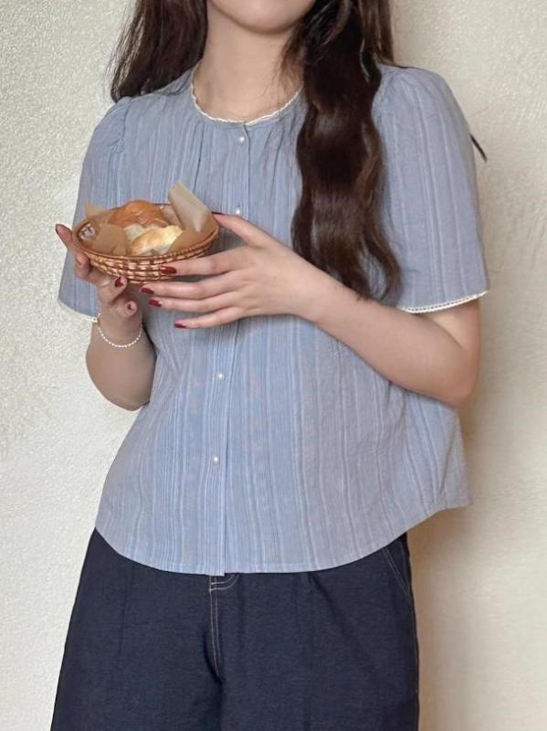 トップス レディース 春夏 ストライプ 短袖 シャツ 花柄 レース デザイン フレンチスタイル コットン素材 スリムフィット 泡泡袖 軽量 吸湿速乾 通勤 普段使い ブラック ピンク系 アイボリー