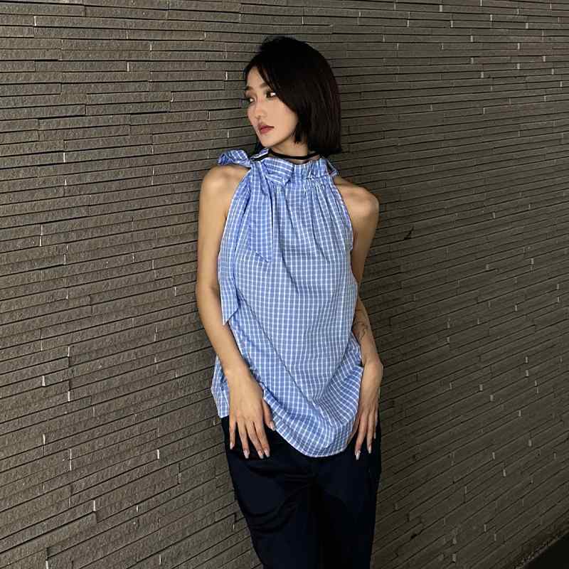 レディース 無袖 プルオーバー トップス 愛くるしげ 亭主もち用 リボン結び 助けること 抽? 領 格紋 柄 プラダ  人となり 太陽フレア 袖なし 綿織物 混 軽さ トップ 通い用 普段使い走り 春夏 秋 口さかしい 座標 レディースファッション-シャツ・ブラウス-トップス