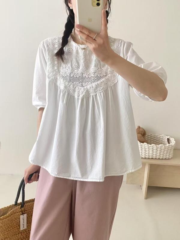 ブラウス 女性用 綿 フリル 春夏 日系 森ガール 胸元 刺繍 デザイン 減? 清新 スタイル 軽やか トップス かわいい 清楚 普段使い 吸湿速乾 柔らかい 素材 爽やか シルエット