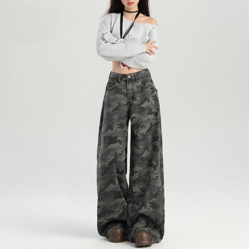 レディース ワイドパンツ 迷彩柄 デニムパンツ 秋冬 高腰 ゆったりシルエット スリム効果 ストレート ロング丈 カジュアル デイリー 軽量 伸縮性 コットン混 ブルー系 グレー系 通勤 普段使い アウトドア