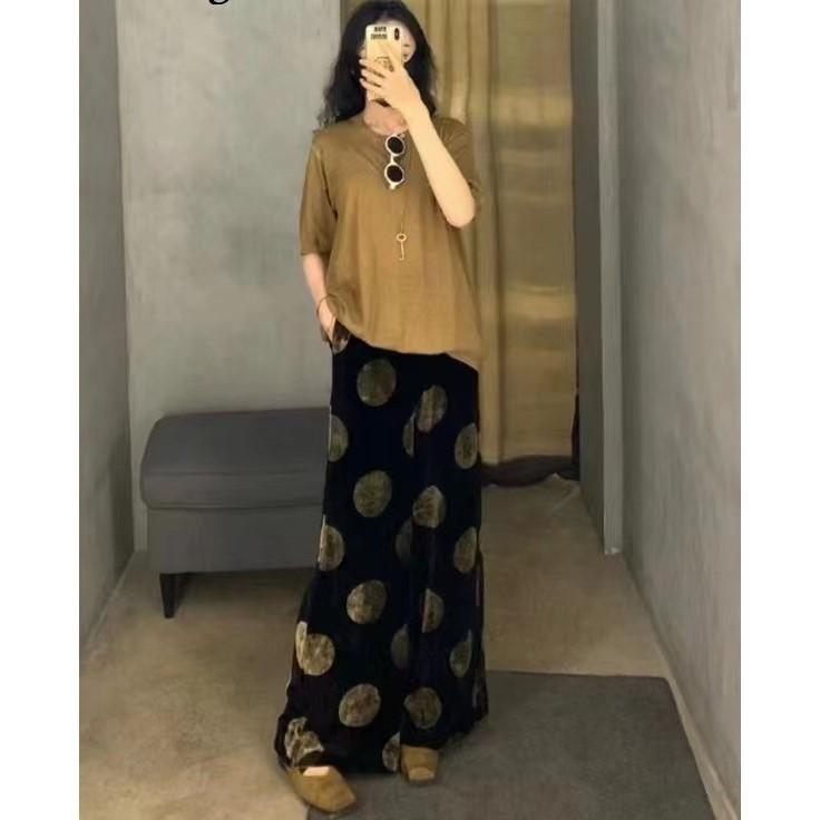 秋冬パンツ レディース ベルベット ドット柄 ワイドレッグ ロングパンツ スリム効果 ストレート ゆったり 日常使い 柔らかい素材 吸湿速乾 ブラック グレー ネイビー カジュアル ストレッチ ハイウエスト ビッグシルエット 通勤 通学 アウ｜リバーパディ