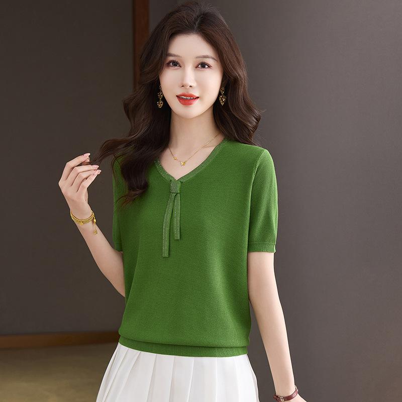 Tシャツ 女性用 春夏 Vネック 接触冷感 短袖 薄手 ニットトップス 上衣 軽量 伸縮性 吸湿速乾 デコルテ スパンコール フリンジ リボン かわいい フェミニン 普段使い カジュアル