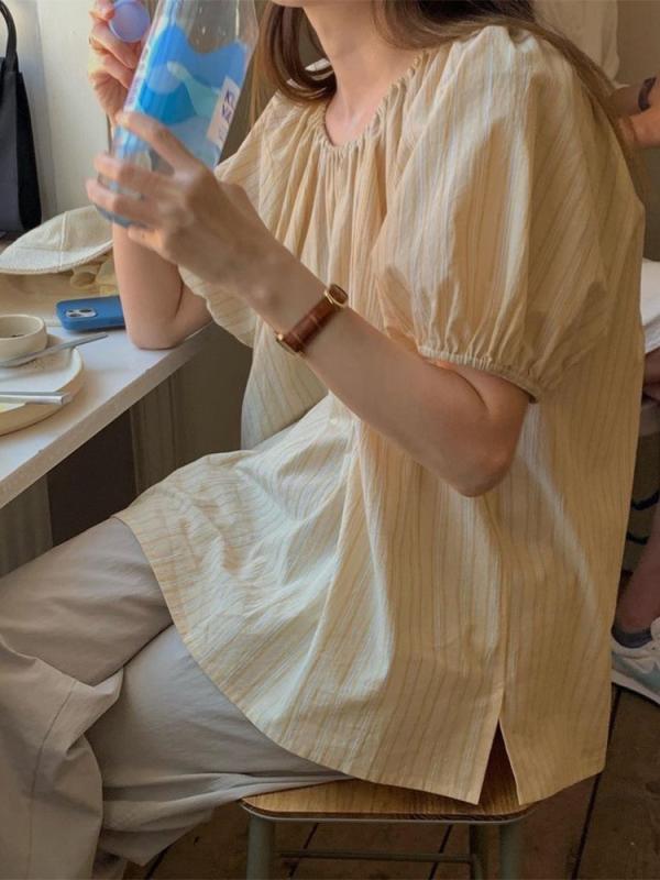 Tシャツ 女性用 半袖 ストライプ柄 丸首 トップス シャツ 綿素材 軽量 吸湿速乾 通勤用 普段使い 春夏 ブラック ホワイト ネイビー