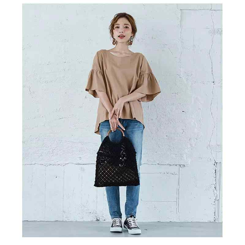 秋冬 女性用 トップス シャツ 綿麻 Vネック フリル 落肩 ゆったり ビッグサイズ 半袖 カジュアル 日常使い 軽量 通勤 通年 吸湿速乾 再生繊維 ブラウス ゆったりシルエット 肩落とし ラフスタイル