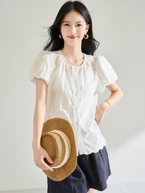 シャツ レディース 春夏 フレンチスタイル かわいい 減? 短袖 白色 トップス 休? 百搭 泡泡袖 軽量 綿素材 通勤用 普段使い カジュアル ビッグシルエット Vネック アイボリー ピンク系