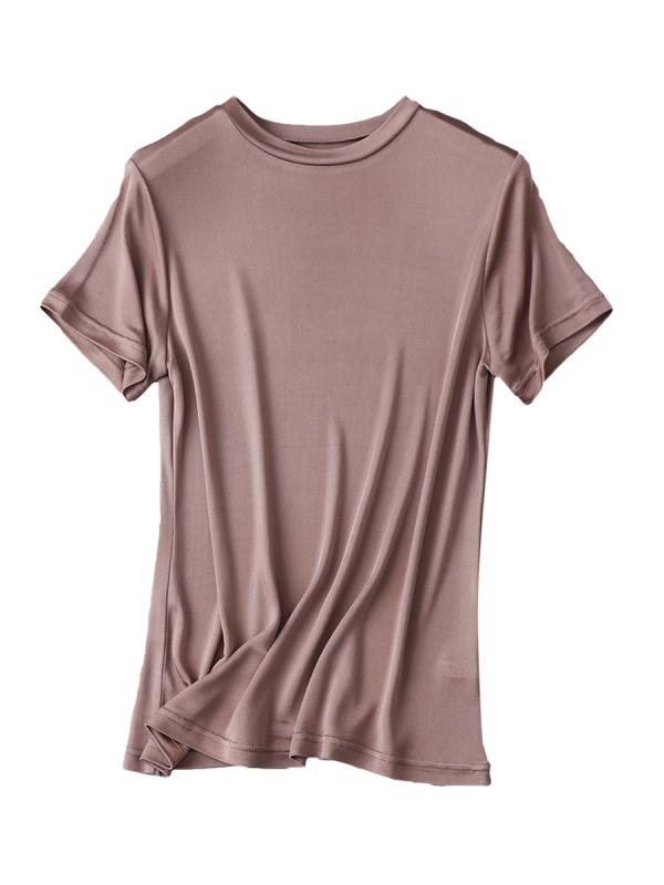 Tシャツ レディース 基本 アイテム 双面 ニット 真? 接触冷感 トップス 純色 桑蚕? ブラウス ファッション ラウンドネック シンプル インナー 軽量 吸湿速乾 通勤用 普段使い コットン 混紡 ビッグシルエット ブラック グレー ベージュ 春夏