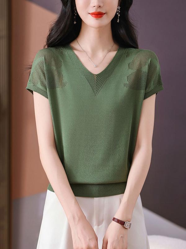 Tシャツ レディース 春夏 薄手 接触冷感 Vネック 刺繍 天竺 短袖 トップス ニット ニットセーター 織物 女性用 ファッション レース 刺繍 透け感 吸湿速乾 コットン混 軽量 伸縮性 カジュアル 普段使い 通勤 通学 シンプル スタイリッシュ ブ