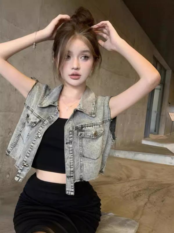 トップス 女性用 セクシー セットアップ スカート 復古 デニム 馬甲 かわいい スタイル 軽量 伸縮性 デニム素材 ビッグシルエット ブラック ピンク系 アイボリー 通勤用 普段使い カジュアル コーディネート 切り替え ハイウエスト 春夏 秋｜リバーパディ