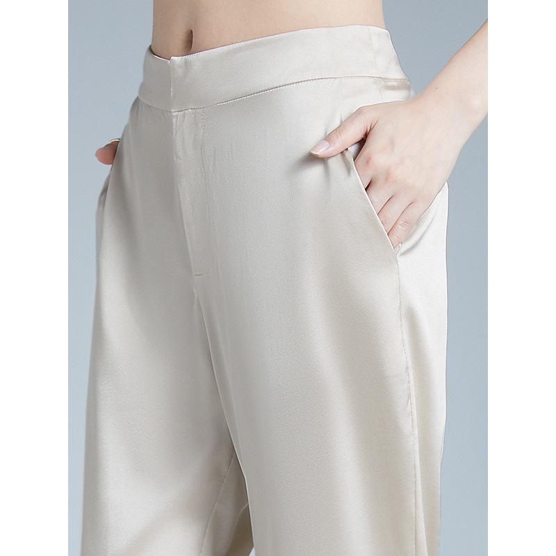 パンツ レディース 桑蚕絲 真? 弾力 綢 春夏 大きいサイズ 九分丈 修身 ハレムパンツ 薄手 百搭 普段使い 軽量 伸縮性 吸湿速乾 通勤 デート カジュアル ブラック ベージュ グレー｜リバーパディ