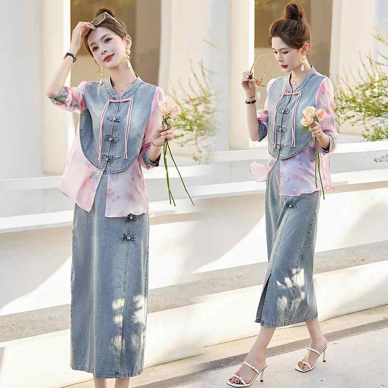成人女性用 中華 ジーンズ セットアップ 2点仕掛ける 夏服 フレンチ レトロ 酉の方角 締め付ける トップス ロングズボン下 軽さ 吸湿速乾 綿織物 混紡 伸ばすこと ご機嫌酉の方角 ひな型 青み 春夏 時節 普段使い走り 心地好い