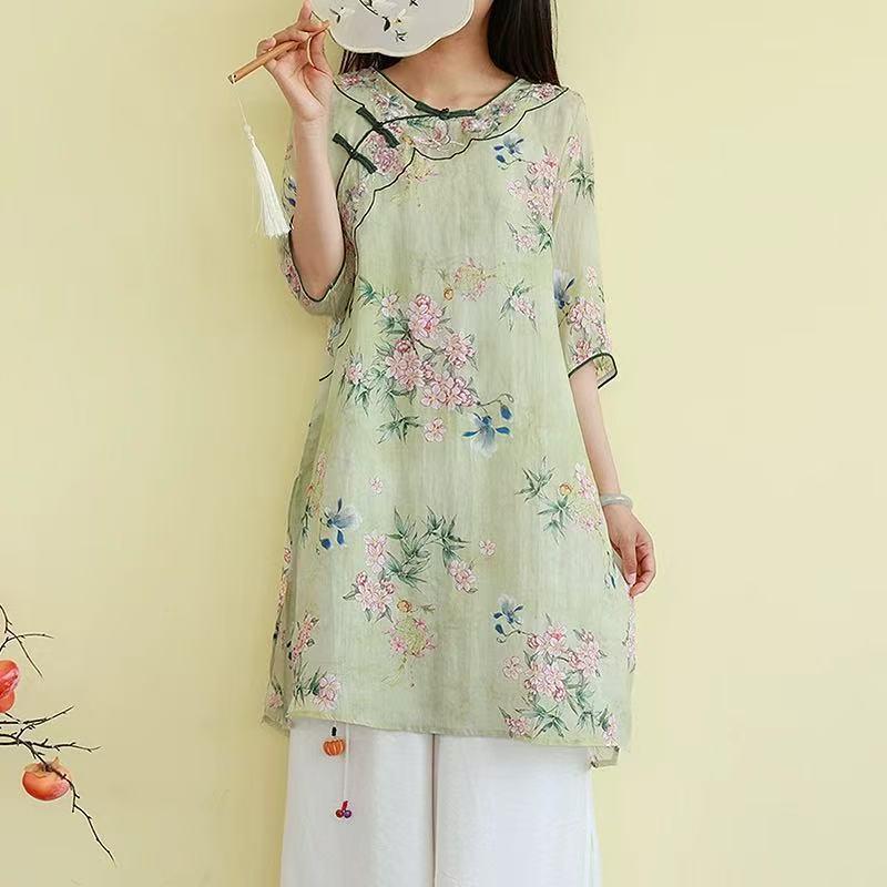 レディース 麻 シャツ トップス 春夏 刺繍 民族 禅意 中長 軽量 通気性 切り替え デザイン コットン混 ピンク系 アイボリー 普段使い ゆったりシルエット 吸湿速乾｜リバーパディ