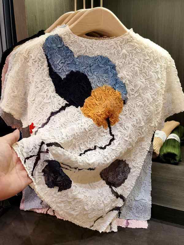 トップス お上さん用 夏 当たること冷感 生まれ変わり衣料繊維 半袖 プルオーバー 通い 普段使い走り 百搭 筋目 プルオーバー 水墨画  国 刷り上げる うつり変わり 上張り 軽さ 吸湿速乾 伸縮性 黒いこと サクラ色系 象牙色