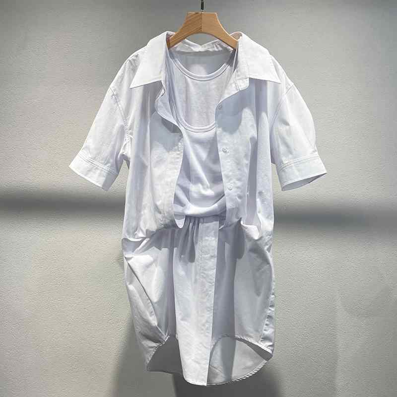 ワンピース レディース 春夏 白色 背心 プリーツ フェイクツーピース 百搭 スリムフィット シャツ コットン 軽量 伸縮性 女性用 普段使い 通勤 通年 かわいい シルエット|リバーパディ