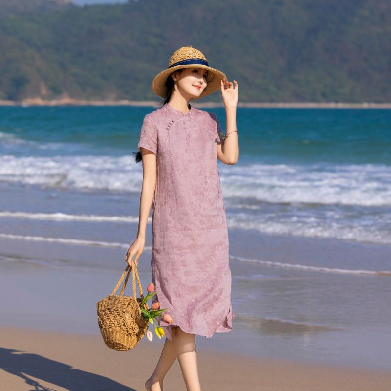 ワンピース レディース 春夏 麻 刺繍 立襟 短袖 ミドル丈 旅行 日常使い 軽量 吸湿速乾 通気性 ゆったりシルエット 花柄 刺繍 ベージュ系 ピンク系 アイボリー カジュアル|リバーパディ
