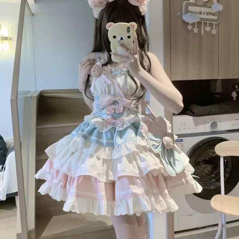 ロリータドレス 女の子 かわいい 初恋 クマ柄 ピンク系 薄手 切り替え フレアスカート ビッグシルエット コットン混 軽量 通学 普段使い 春夏｜リバーパディ