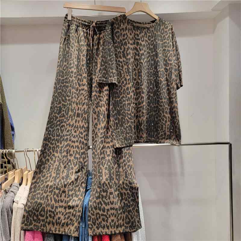 セットアップ レディース ヒョウ柄 半袖 トップス 闊脚パンツ ワイドパンツ 2点セットアップ 上下セット カジュアル スタイルアップ 体型カバー 大きいサイズ ゆったり 着痩せ 接触冷感素材 高級感 春夏用 お洒落 通勤用 普段使い デイリーユース 伸|リバーパディ